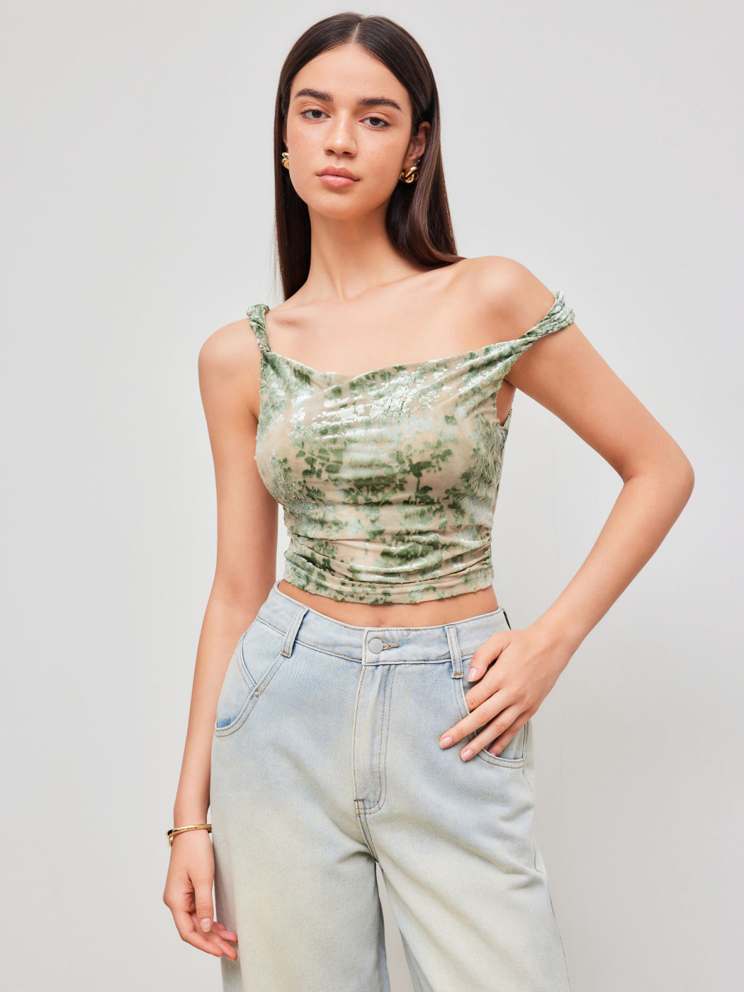 Mesh U-neckline Floral Ruched Crop Cami Top