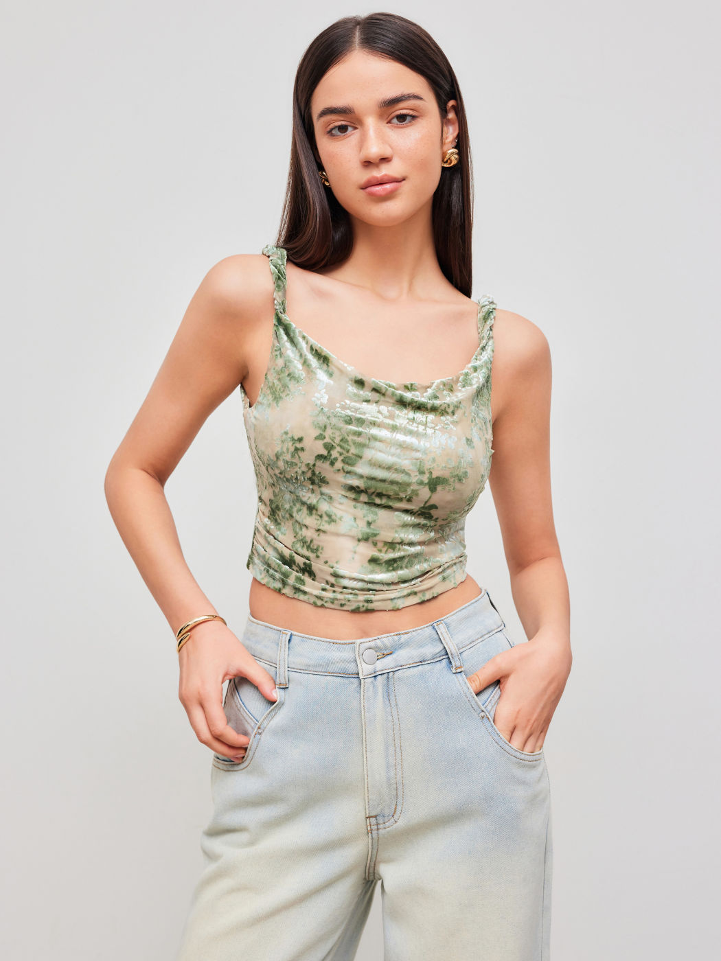 Mesh U-neckline Floral Ruched Crop Cami Top