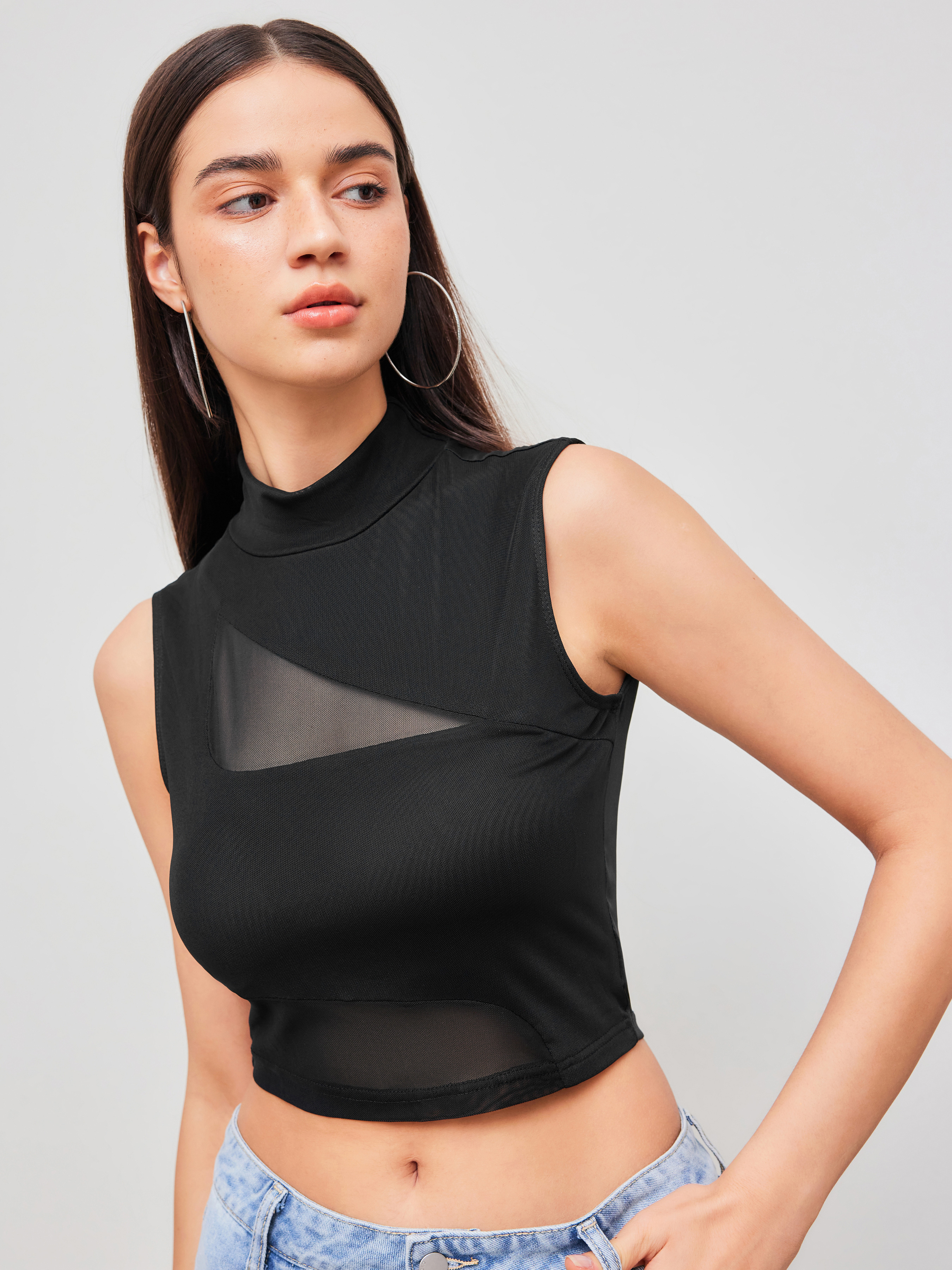 Knit Fabric Mesh Mesh High Neck Patched Crop Tank Top For