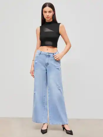 Mesh High Neck Patched Crop Top