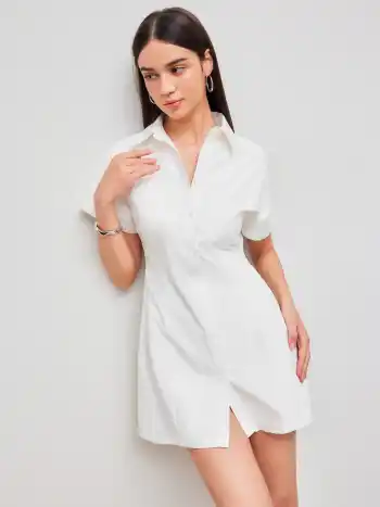 Kragen Einfarbig Gerafftes Kurzarm Mini Hemdkleid