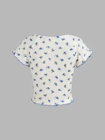 Sweetheart Bowknot Floral Short Sleeve Crop Top