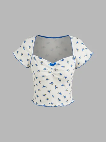 Sweetheart Bowknot Floral Short Sleeve Crop Top