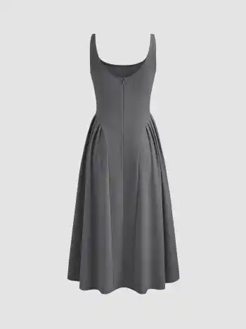 Gewebtes einfarbiges Midi-Kleid mit quadratischem Halsausschnitt