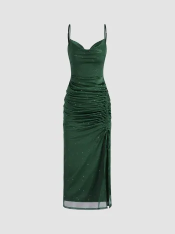 Maxikleid mit Rundhalsausschnitt, Glitzer, Rüschen, Schlitz und Zugverschluss