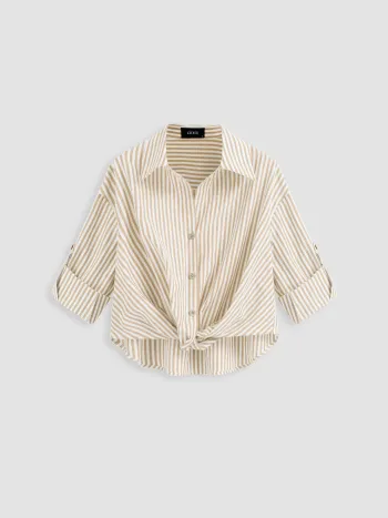 Cotton-blend Collar Striped Knotted Roll-up Long Sleeve Shirt