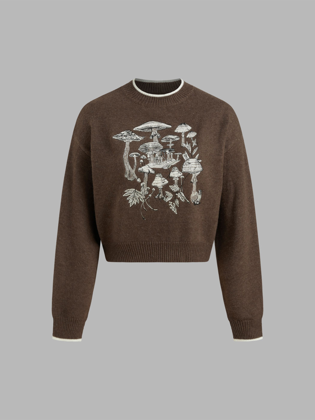 Knit Round Neckline Mushroom Graphic Contrasting Binding Crop Sweater