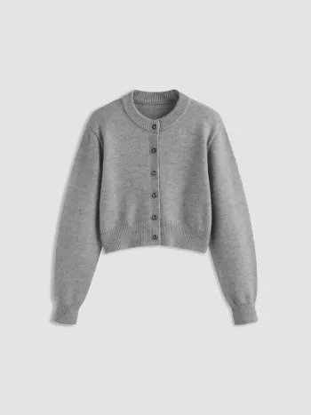 Knit Round Neckline Solid Button Cardigan