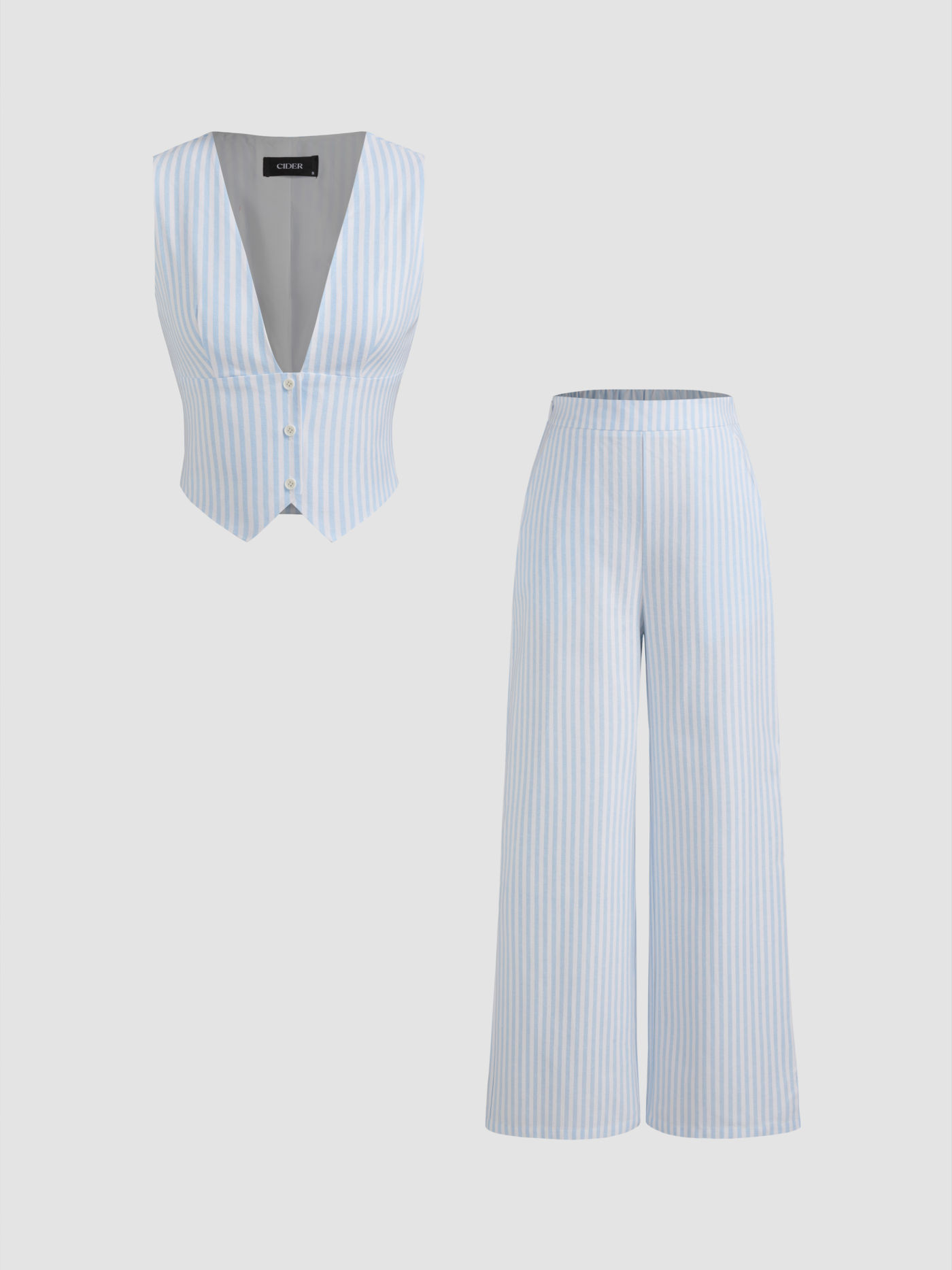 V-neck Striped Belted Vest With Mid Rise Striped Pocket Straight Leg Trousers