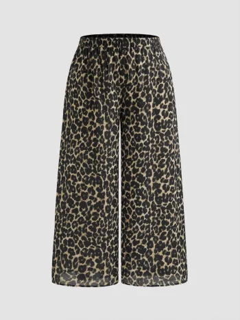 Gewebte Mittelbund-Hosen mit elastischem Bund, Leopardmuster, Taschen und breiten Beinen Kurve & Plus