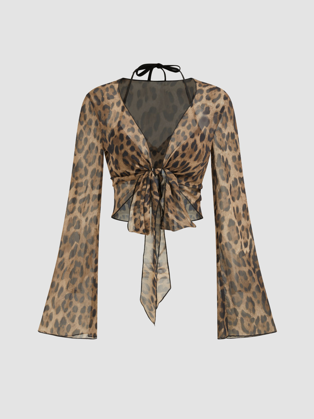 Chiffon V-neck Leopard Knotted Long Sleeve Blouse With Halter Bralette