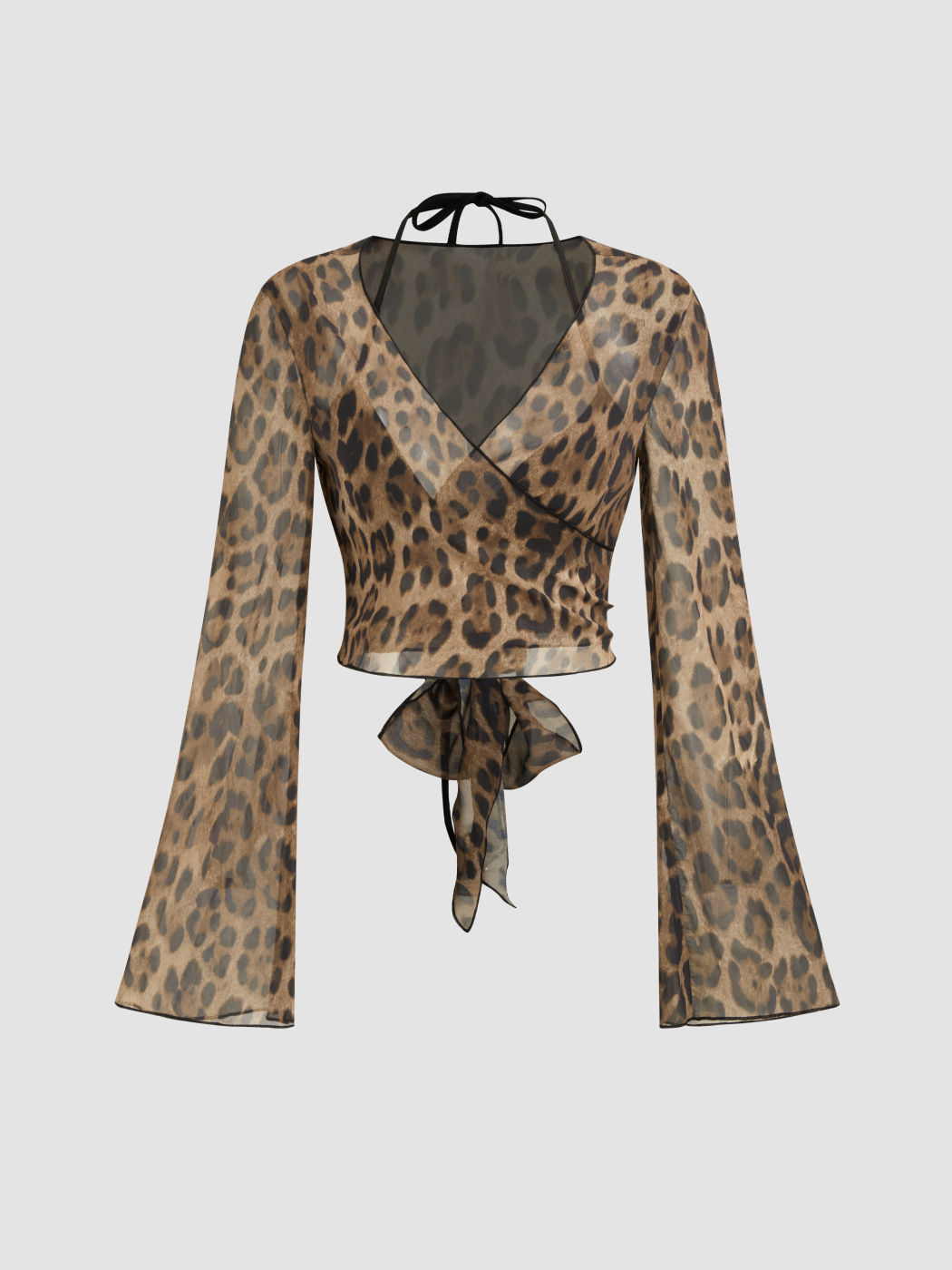 Chiffon V-neck Leopard Knotted Long Sleeve Blouse With Halter Bralette