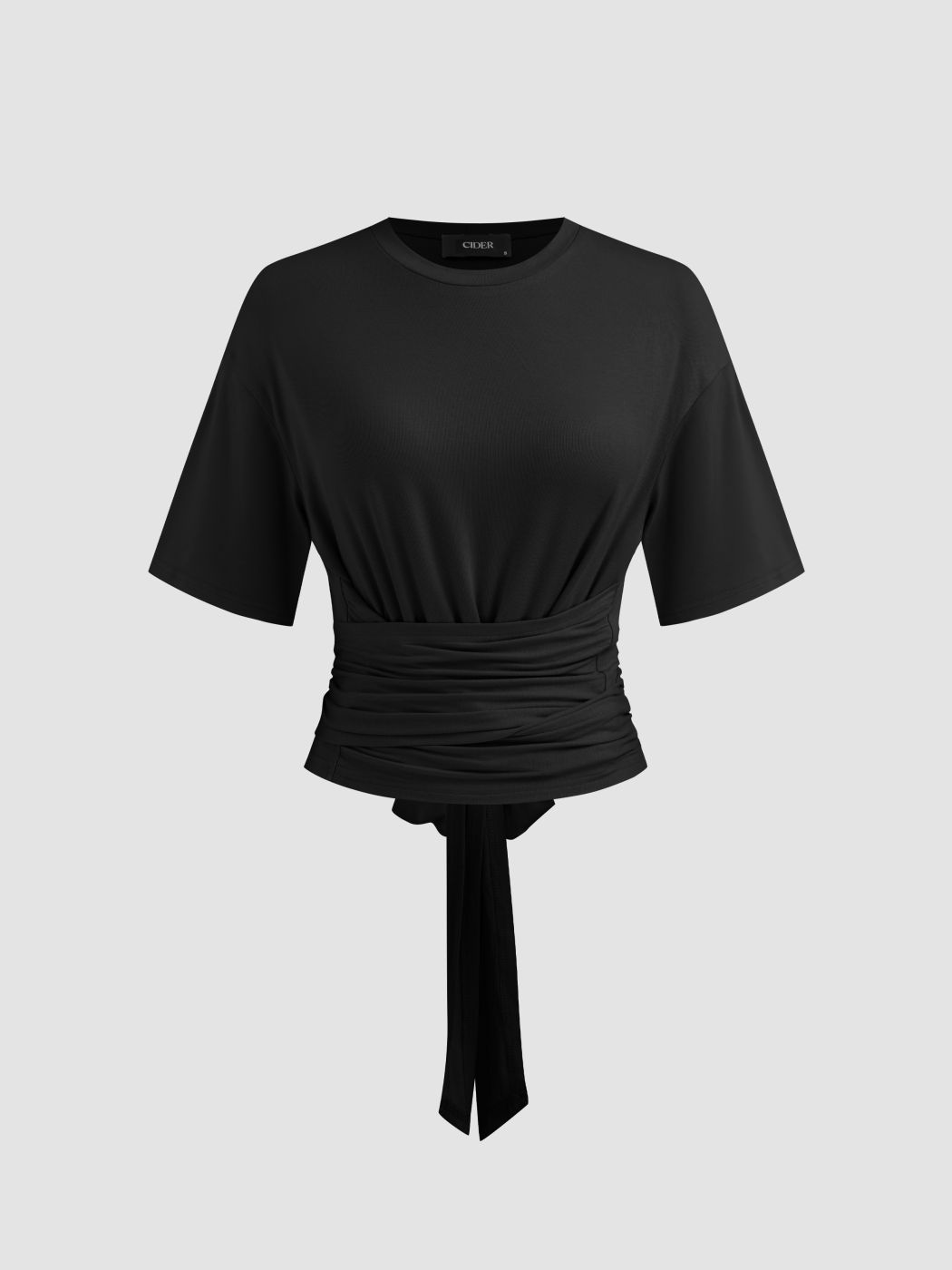 Round Neckline Solid Ruched Knotted Short Sleeve Tee