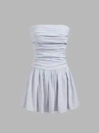 Strapless Striped Shirred Ruched Tube Mini Dress