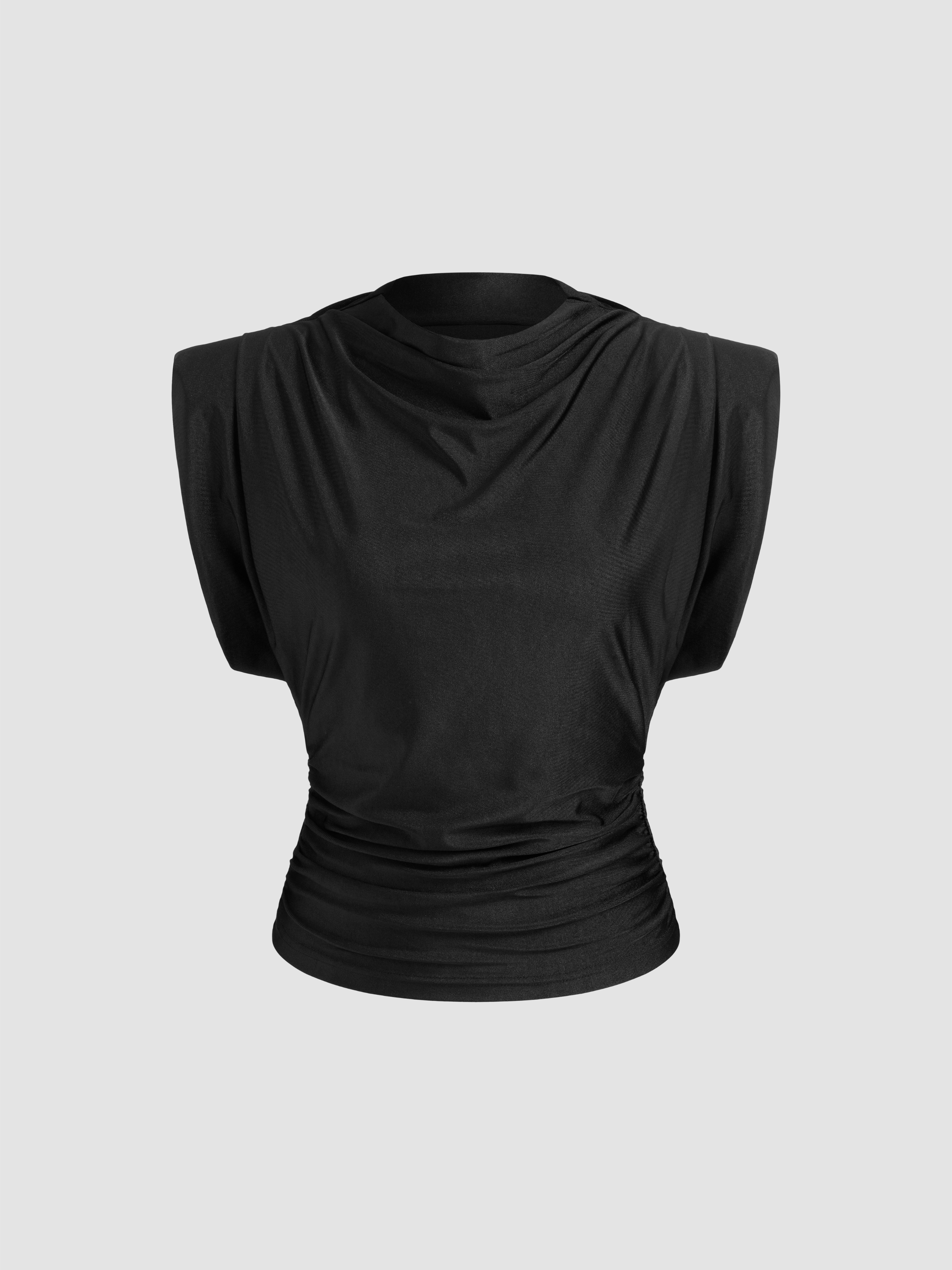 Knit Fabric Boat Neck Solid Ruched Short Sleeve Top For