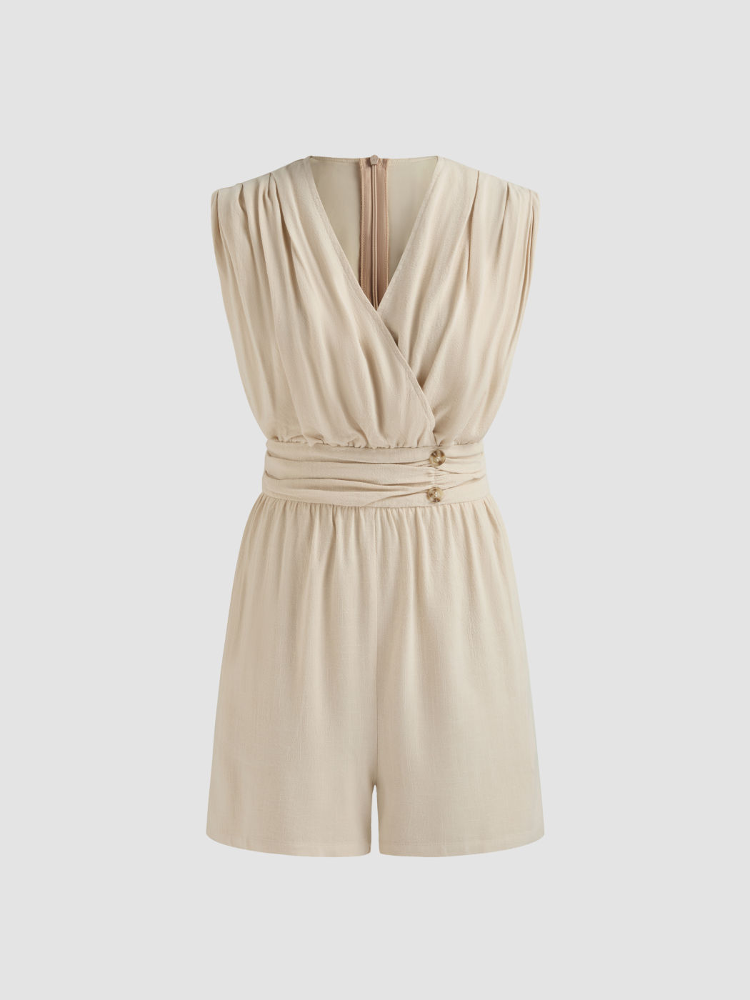 Linen-blend V-neck Solid Ruched Zipper Romper