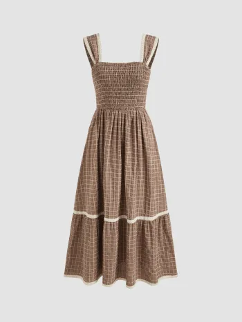 Quadratischer Ausschnitt Gingham Maxikleid