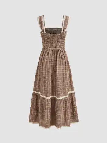 Quadratischer Ausschnitt Gingham Maxikleid