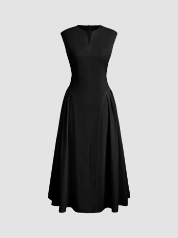 V-neck Solid Pleated Sleeveless Maxi Dress