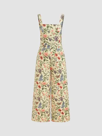 Aktualisiertes Corduroy-Gewebe, quadratischer Hals, Blumenmuster, Taschen-Overalls