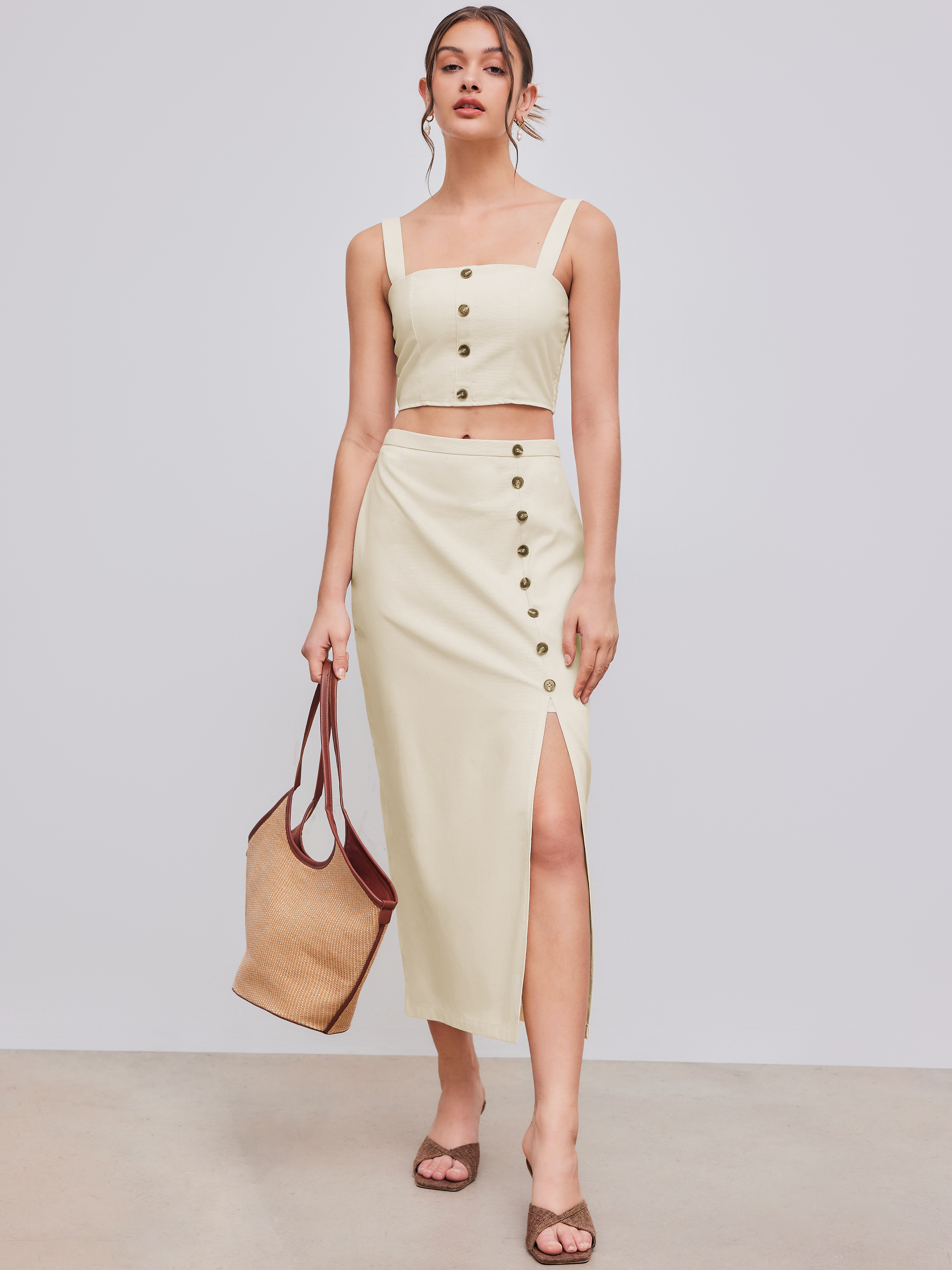 ★PLAGE_seoul★ Textured Square Longline Top_Brown Celo Square-Neck Relaxed Top | The Editor's Market