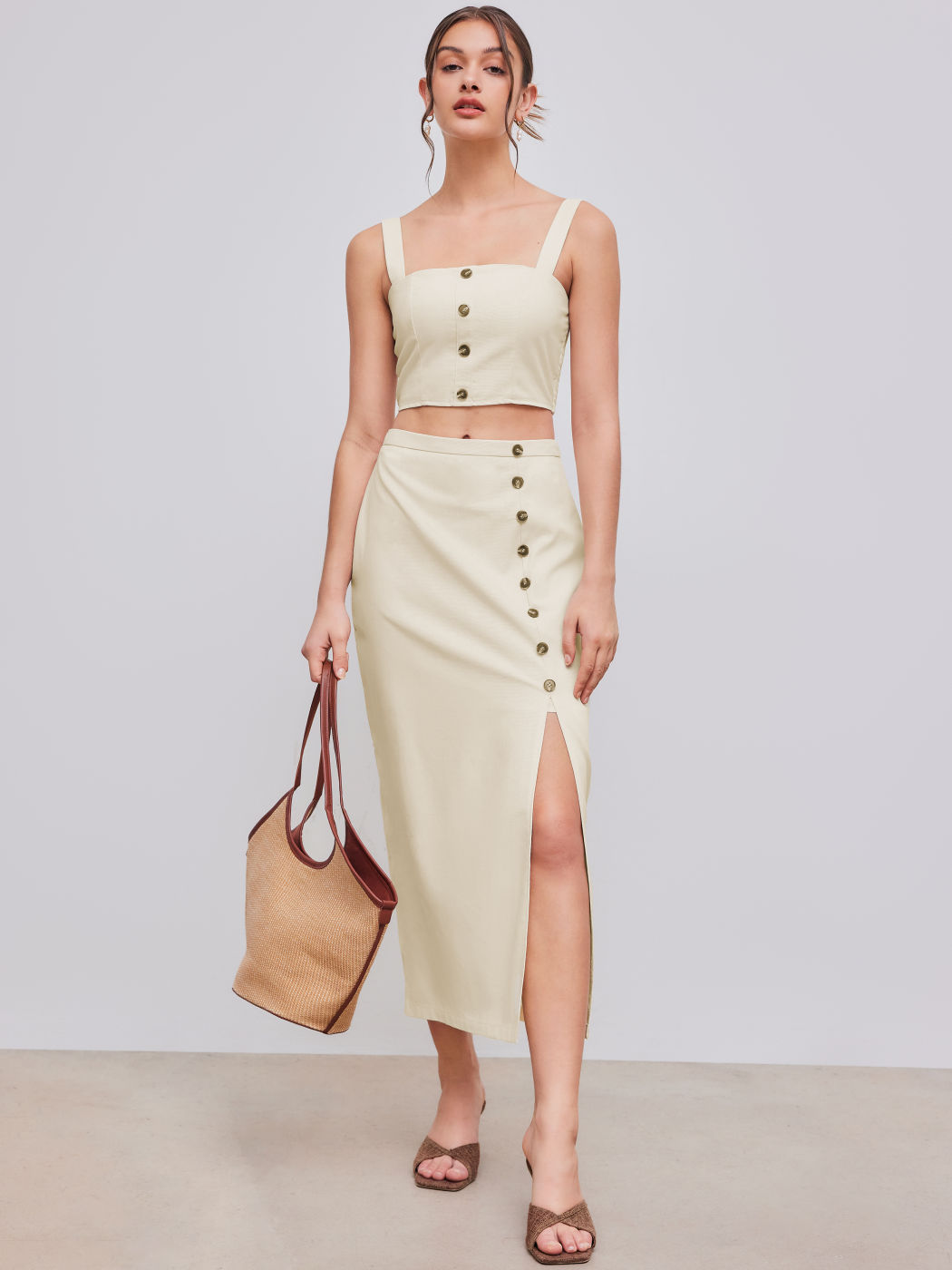 Linen Square Neck Button Crop Top With High Rise Button Split Maxi Skirt