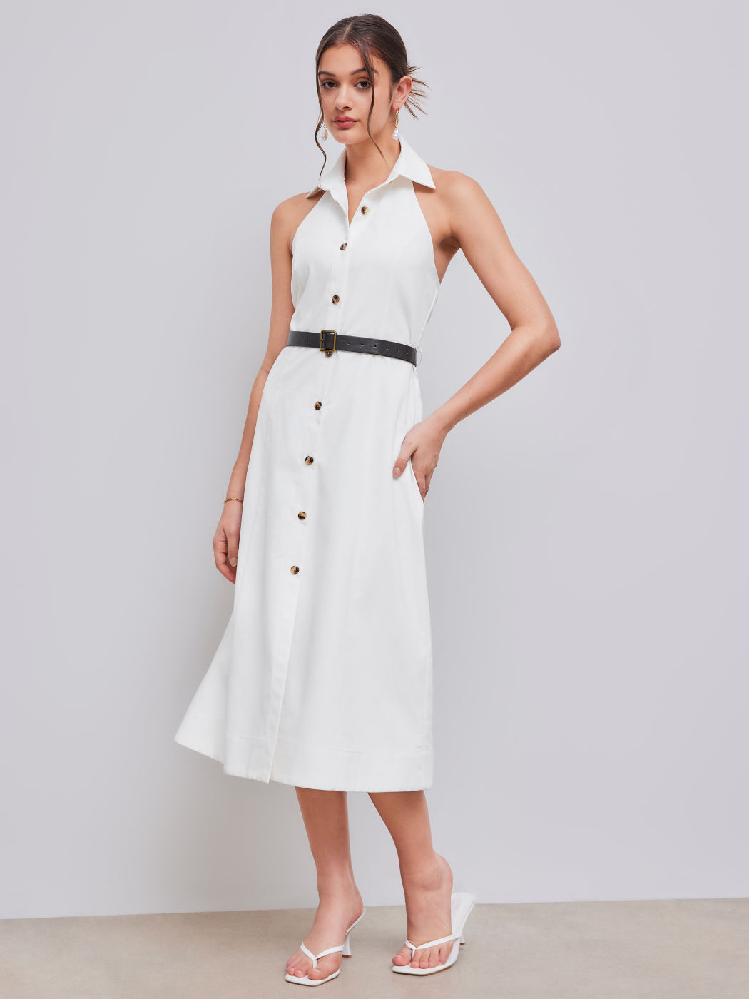 Linen-blend Polo Solid Button Midi Dress With Belt
