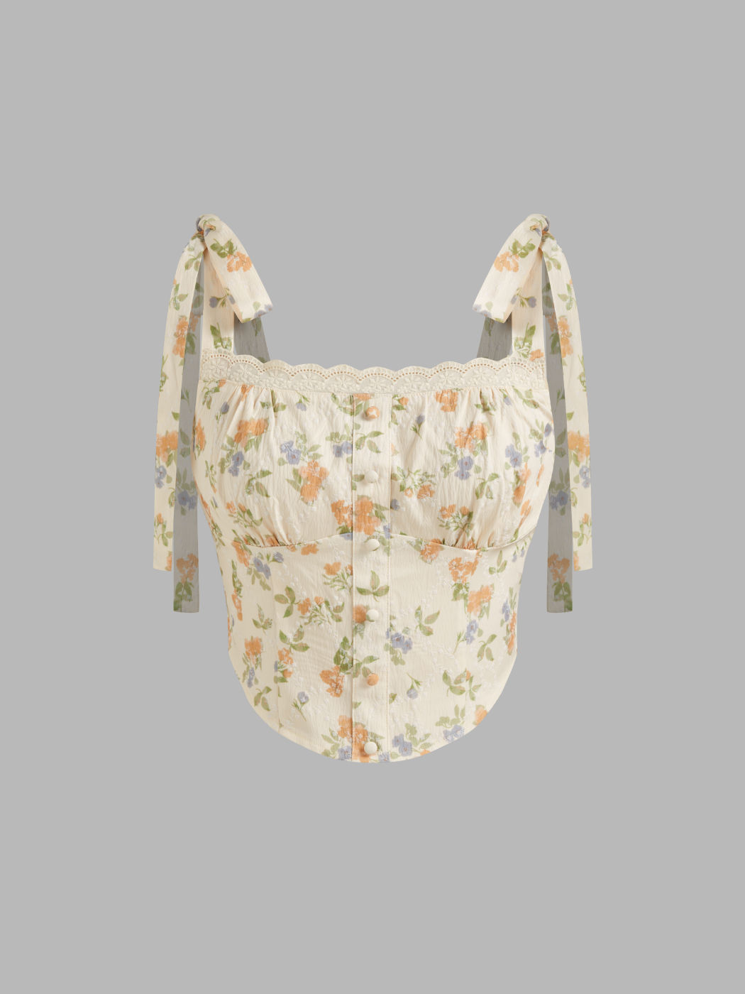Square Neck Floral Shirred Knotted Crop Tank Top 