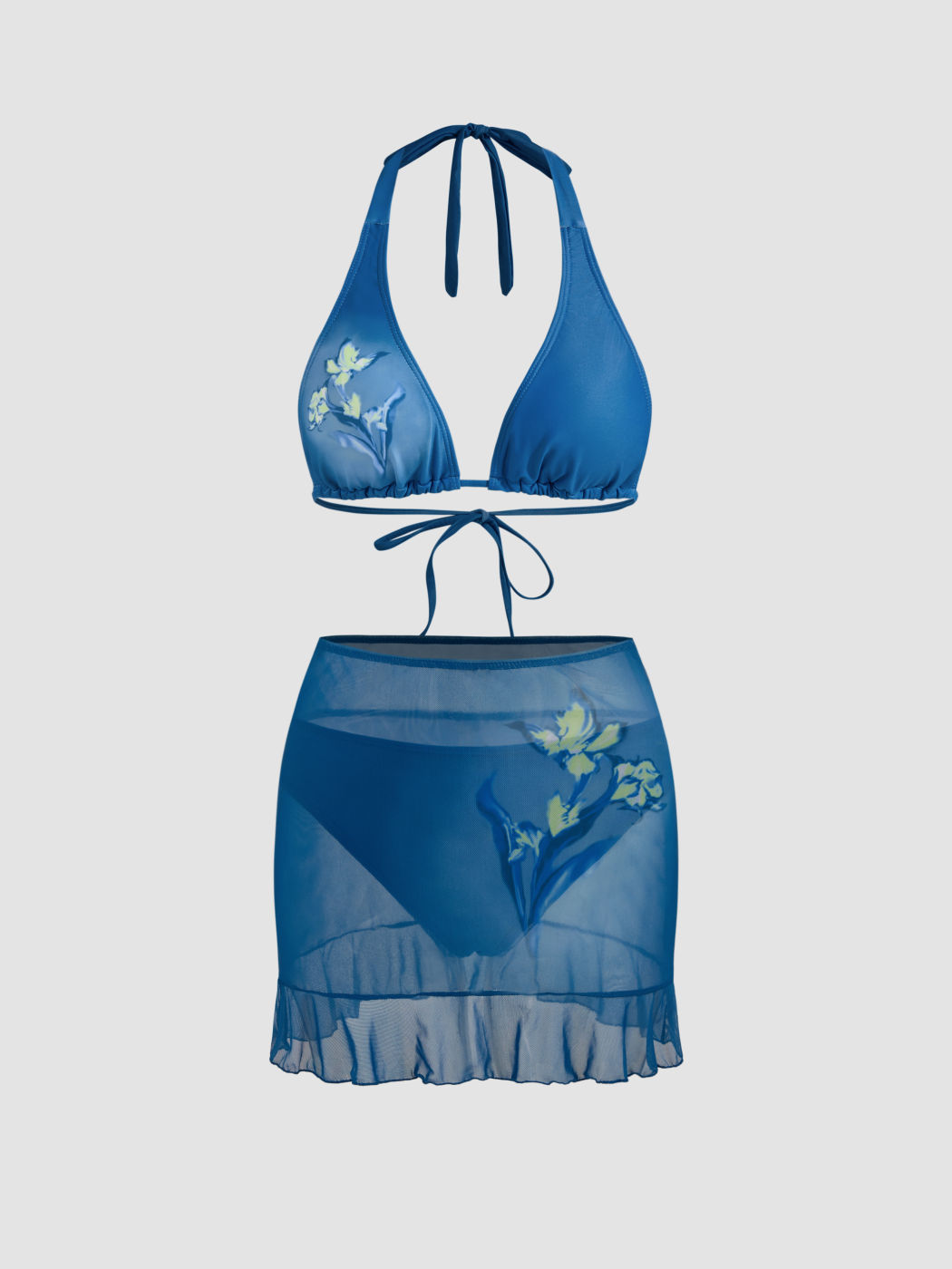 Bikini Halter Floral Escotado con Cubierta de Falda