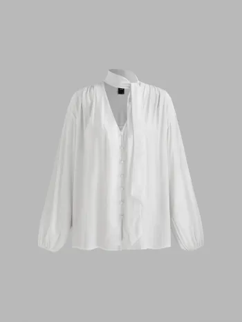 V-Ausschnitt Einfarbig Geknotetes Langarm Oversized Hemd