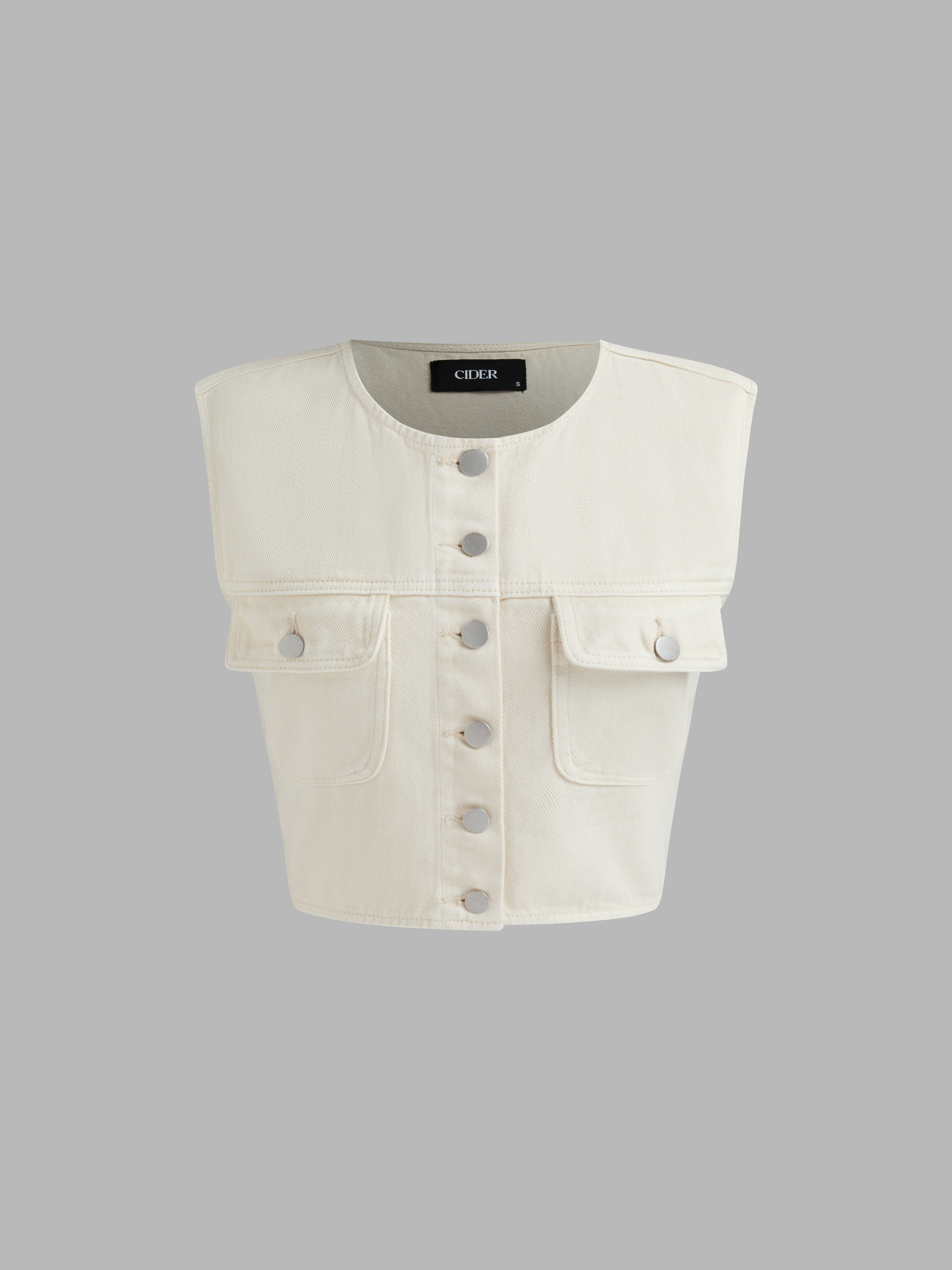 Denim Denim Round Neckline Solid Button Crop Vest For Daily