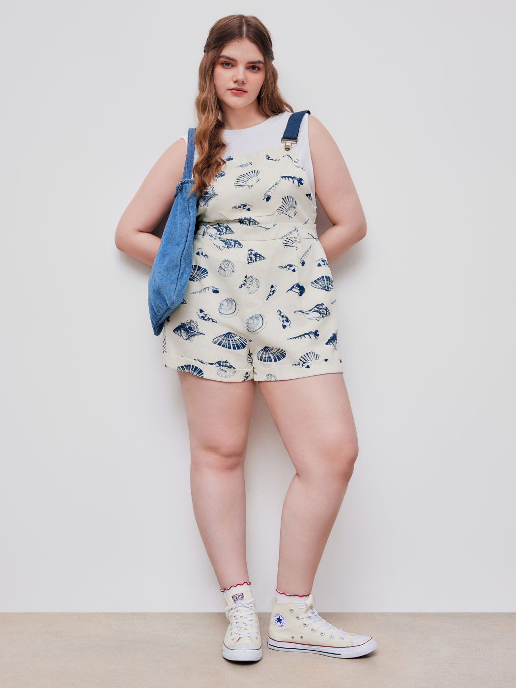 100% Cotton Shell Graphic Roll Hem Pocket Romper Curve & Plus