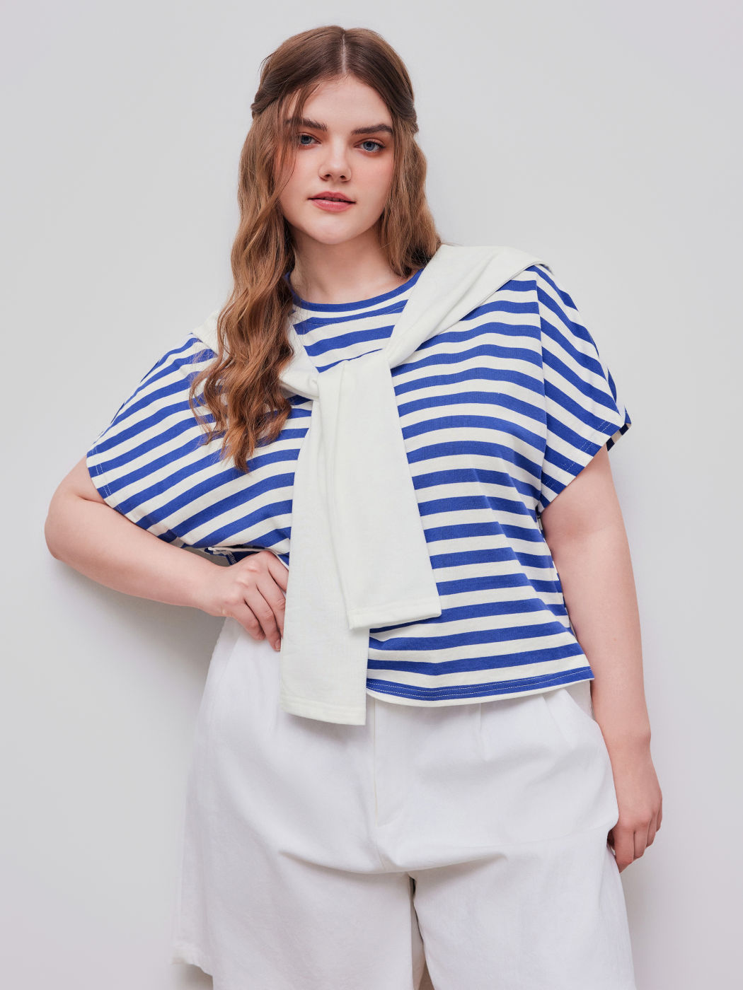 100% Cotton Round Neckline Striped Short Sleeve Tee With Solid Shawl Curve & Plus