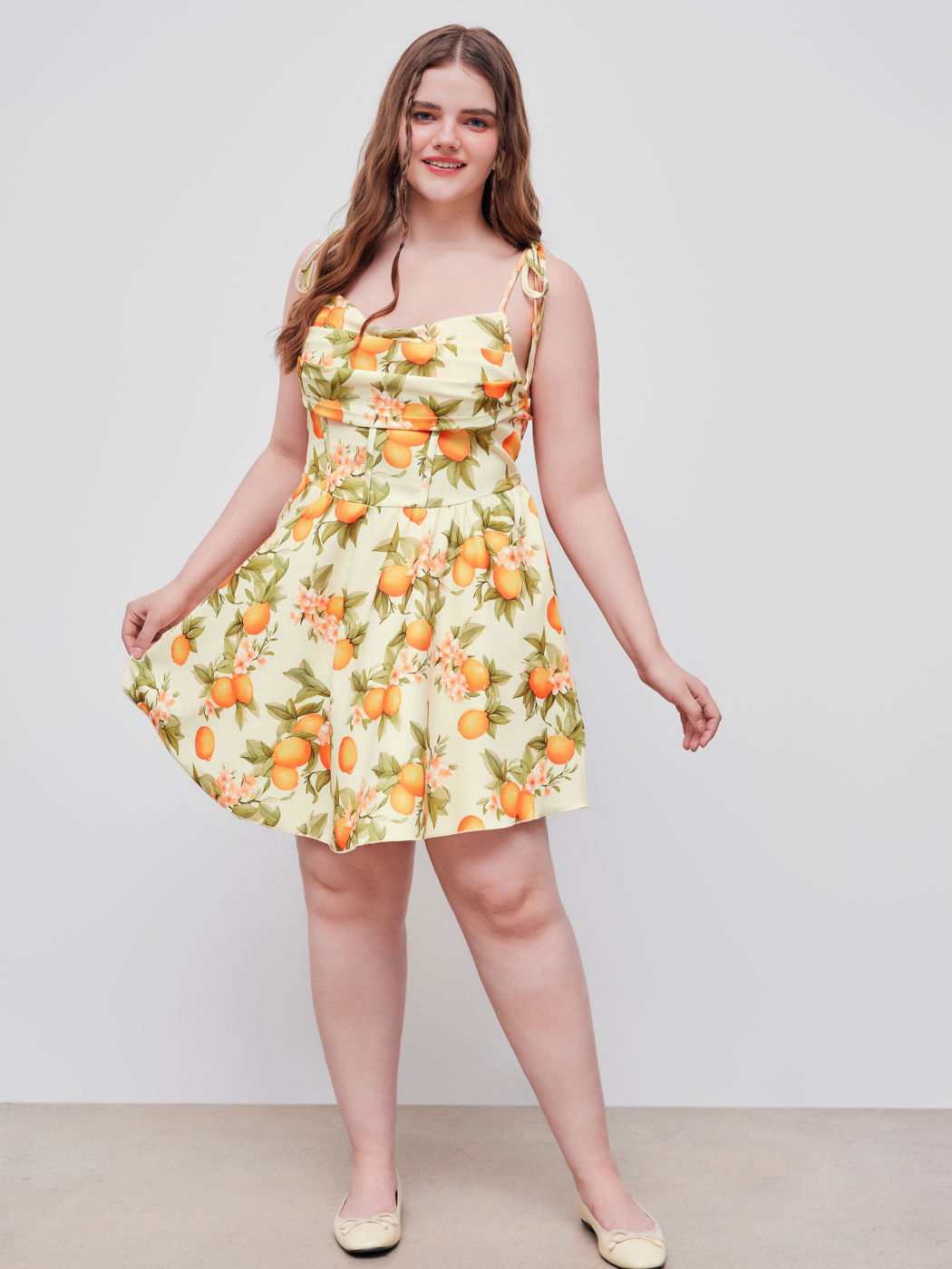 Orange Graphic Ruched Corset Knotted Ruffle Mini Dress Curve & Plus
