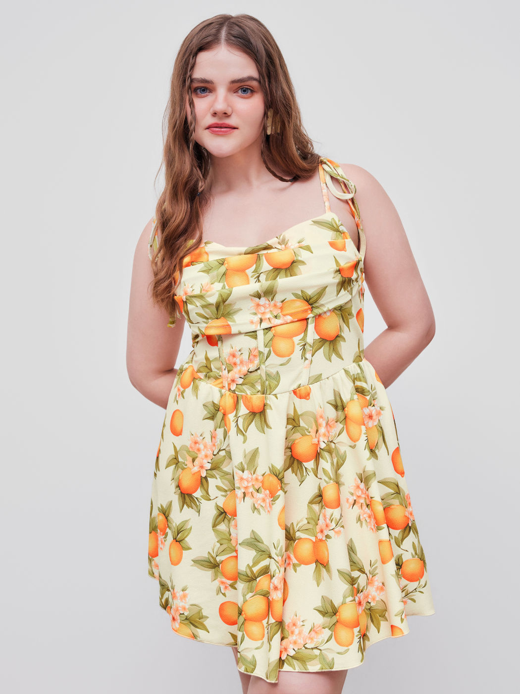 Orange Graphic Ruched Corset Knotted Ruffle Mini Dress Curve & Plus