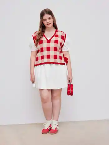 Knit V-neck Check Knotted Vest Curve & Plus