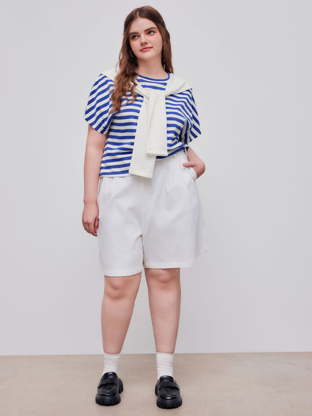 100% Cotton Round Neckline Striped Short Sleeve Tee With Solid Shawl Curve & Plus