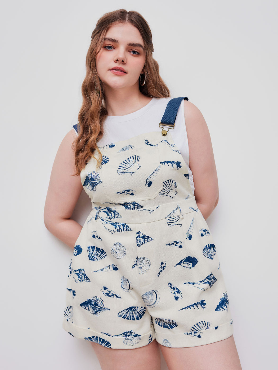 100% Cotton Shell Graphic Roll Hem Pocket Romper Curve & Plus