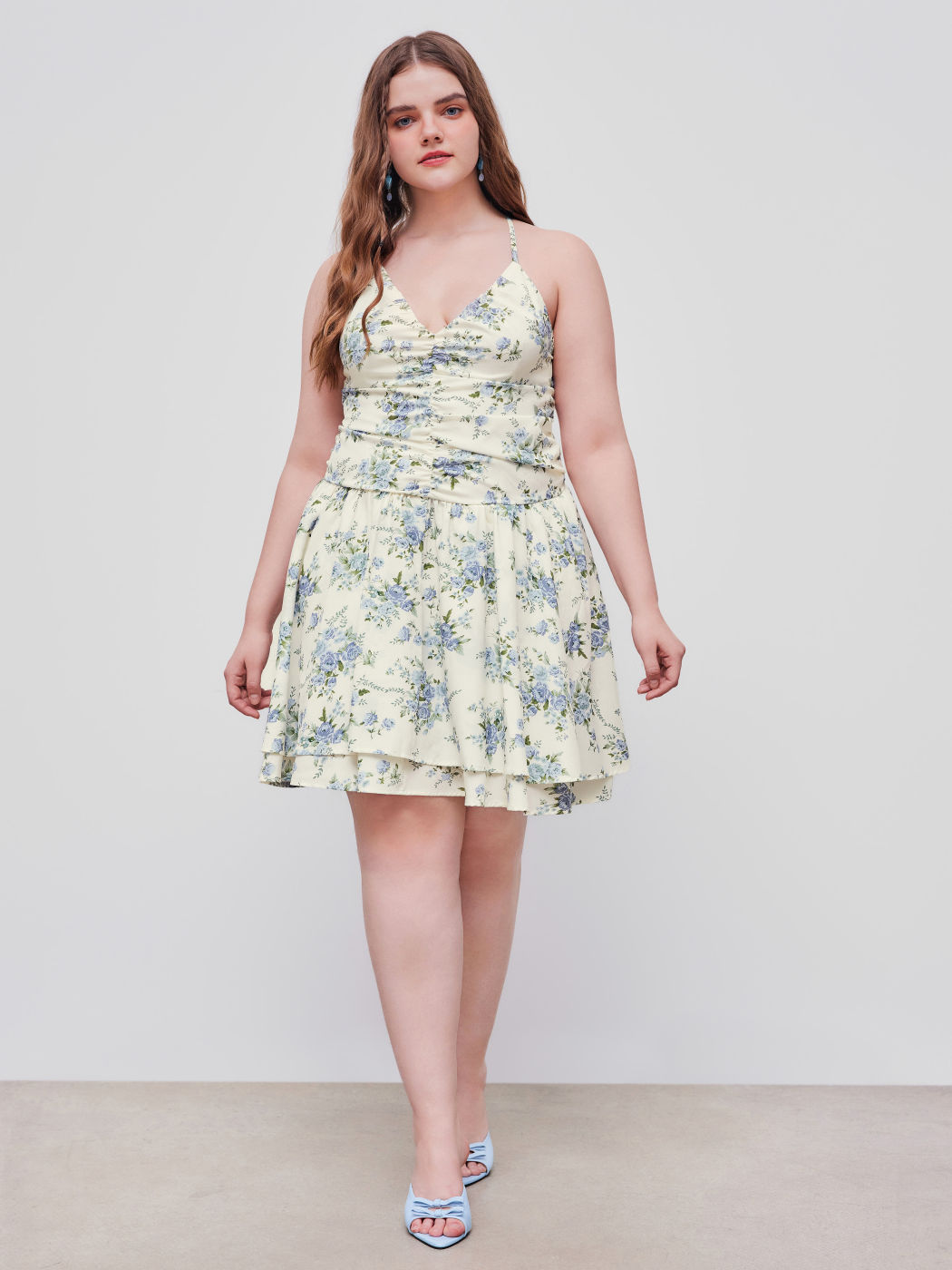 Woven V-neck Floral Layered Ruched Ruffle Mini Dress Curve & Plus