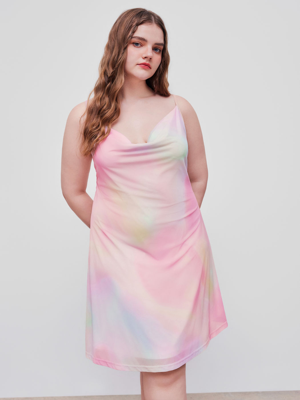 Mesh Cowl Neck Gradient Criss Cross Mini Dress Curve & Plus
