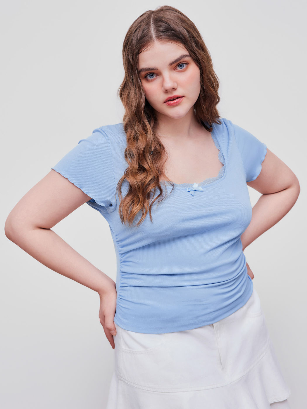 Jersey Quadratischer Ausschnitt Schleife Spitze Salat Saum Gerafftes Kurzarm Top Kurve & Plus