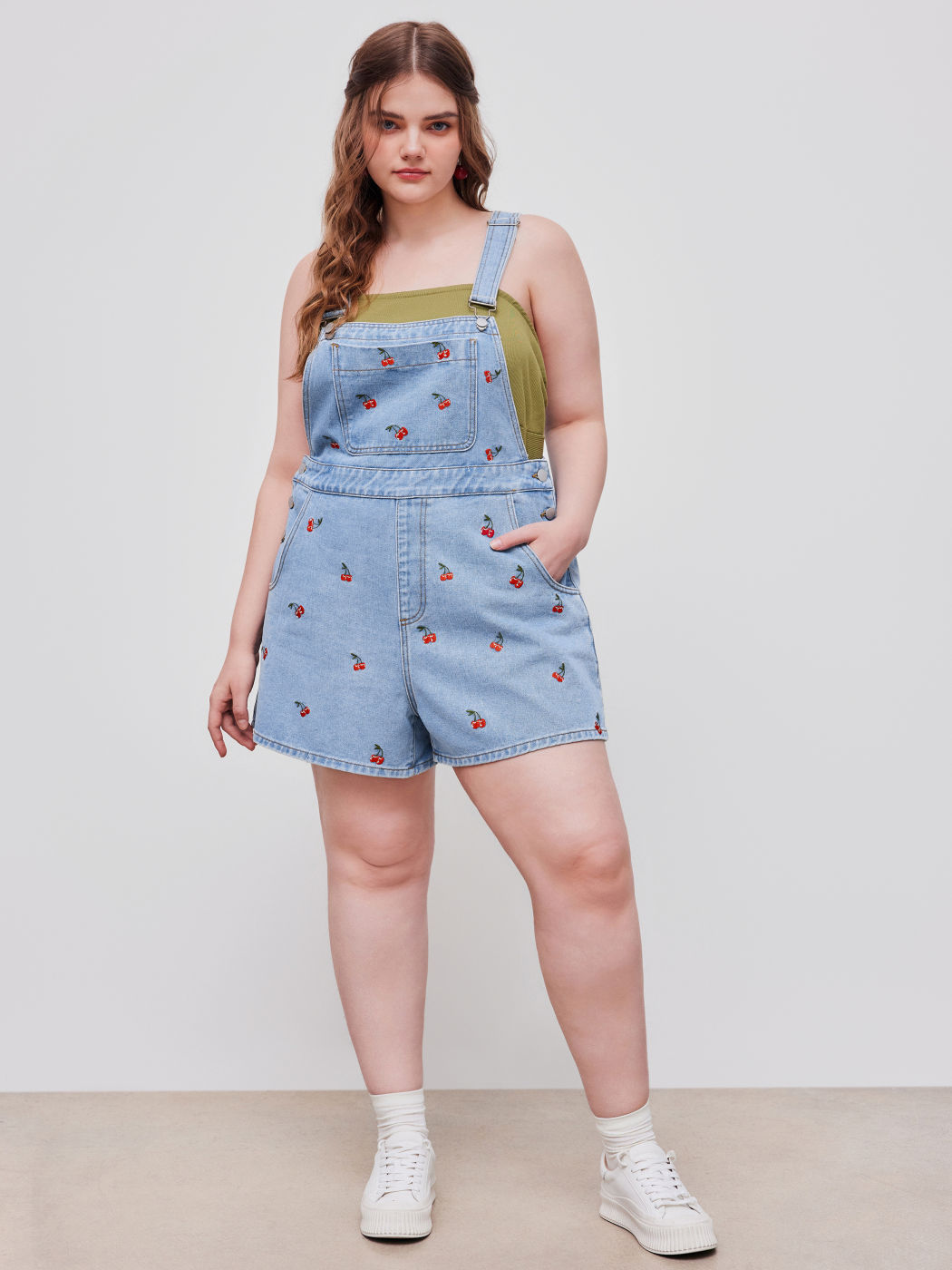 Denim Cherry Embroidery Pocket Romper Curve & Plus