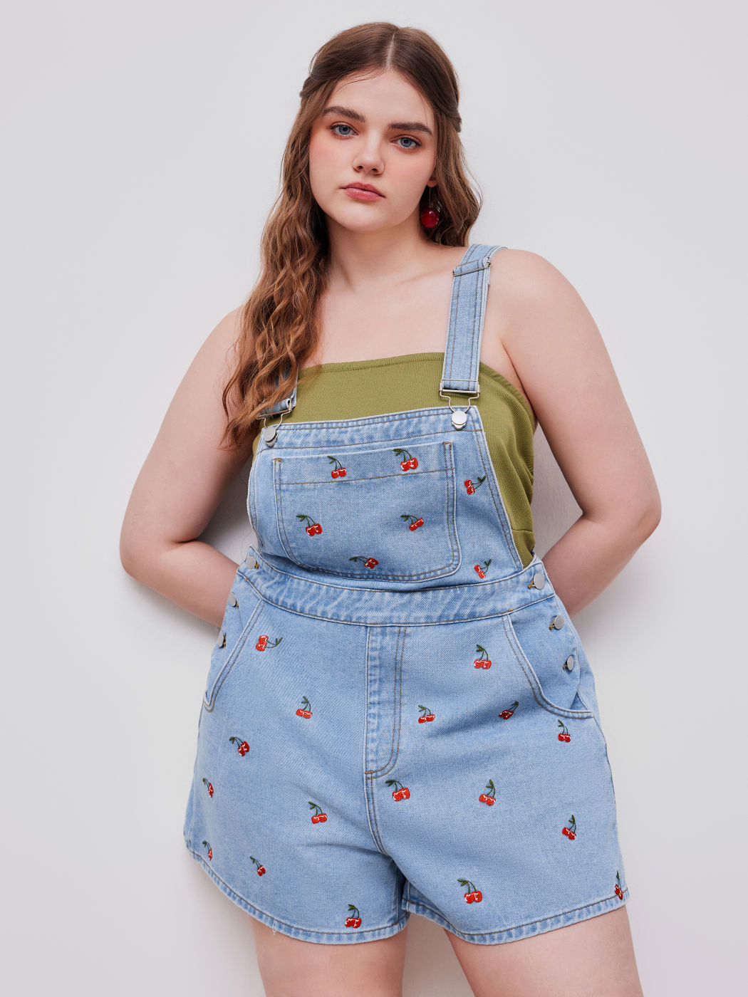 Denim Cherry Embroidery Pocket Romper Curve & Plus