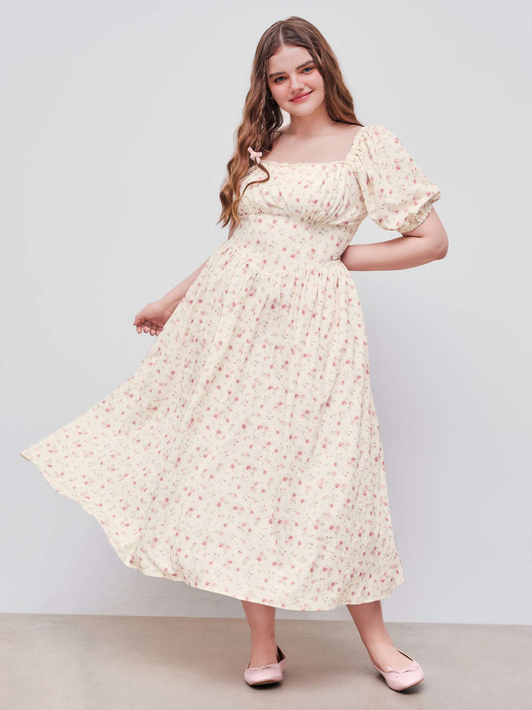 Woven Square Neck Floral Lace Up Midi Dress Curve Plus For Vacation