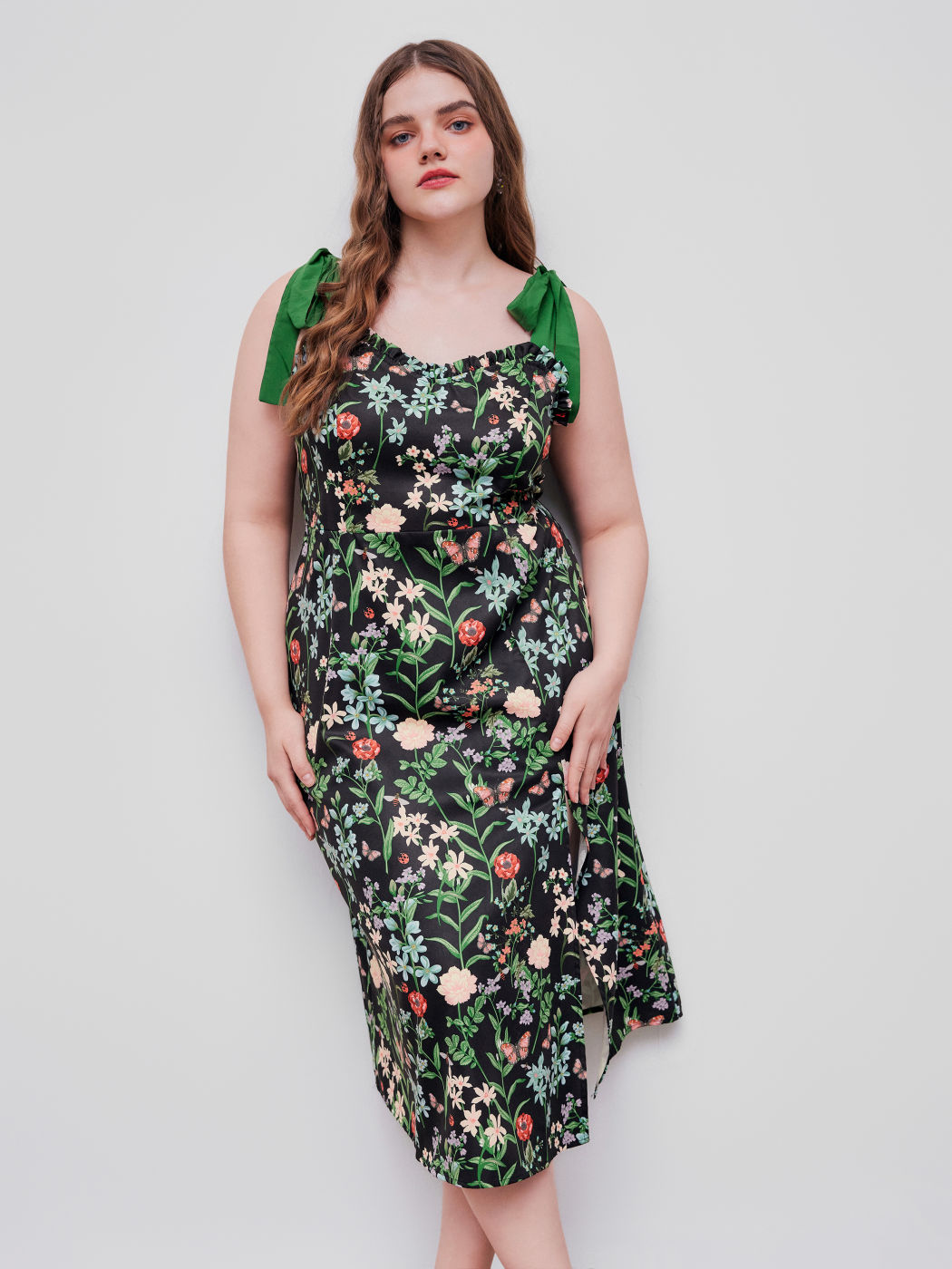 Gewebtes Midi-Kleid mit Blumenmuster, Knoten und Ruchedung, Sweetheart-Ausschnitt und Schlitz Kurve & Plus