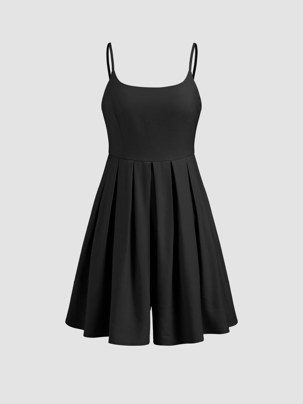 Linen-blend Square Neck Solid Pleated Cami Romper