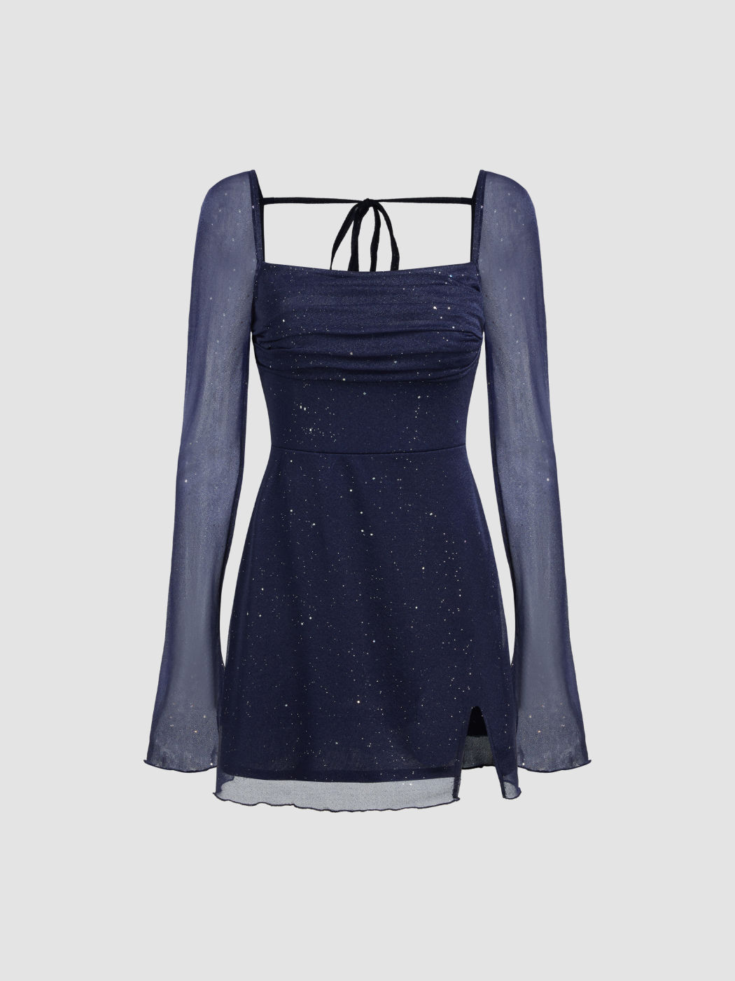 Quadratischer Hals, einfarbig, glitzernd, geknotetes Minikleid