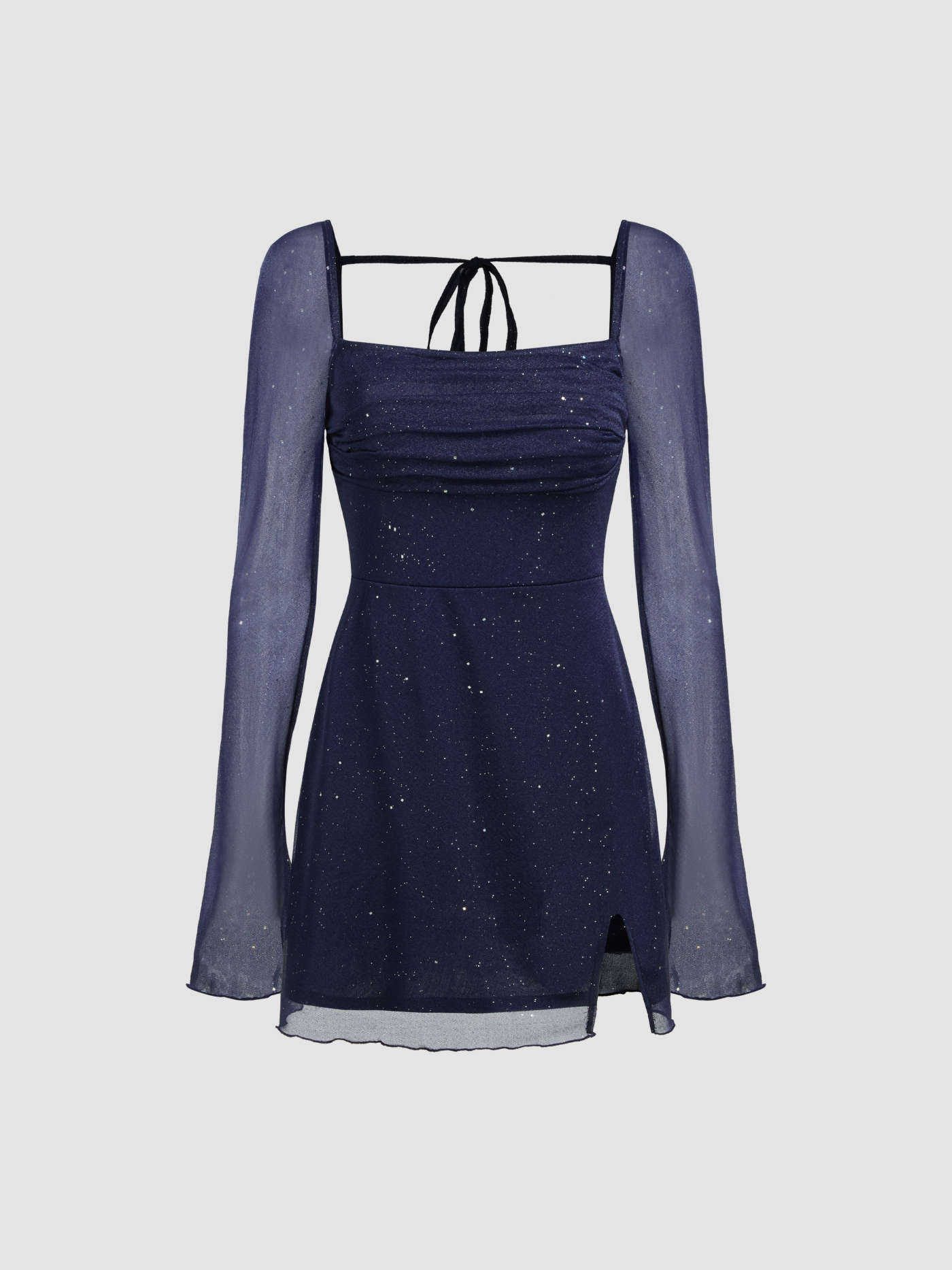 Square Neck Solid Glitter Knotted Mini Dress