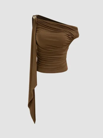 Asymmetrical Neck Solid Ruched Ruffle Hem Crop Top