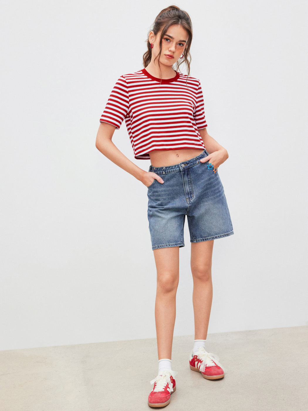 Denim High Rise Solid Wide Leg Shorts